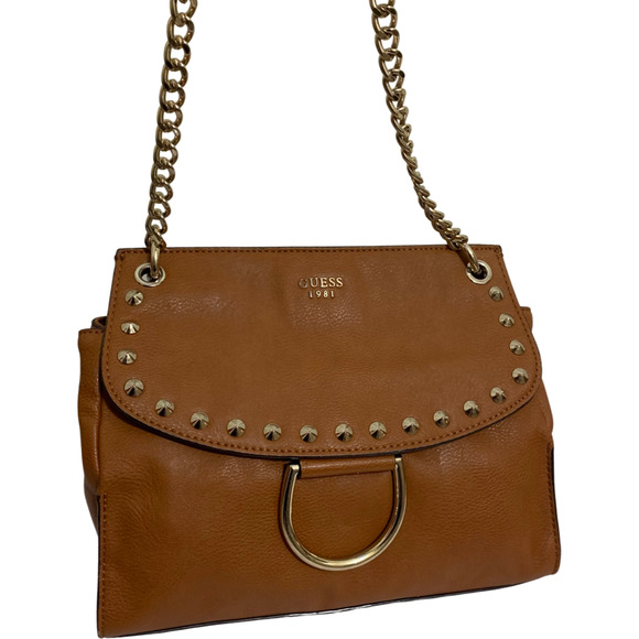 GUESS Large Acorn Brown Vegan Leather Studded Flap CHAIN CROSSBODY - Picture 2 of 13